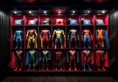 a room filled with lots of different types of superman costumes on display in front of a red shelf