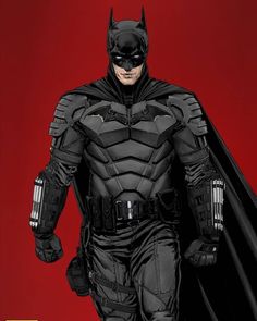 the batman is walking with his cape open and wearing a black suit, which also has gloves on