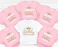 six pink shirts with gold lettering on them and the words,'happy birthday princess '