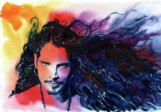 a watercolor painting of a man with long hair and dreadlocks on his head