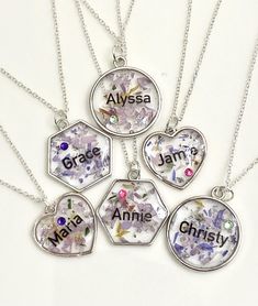 four personalized necklaces with the names of five different children's names on them