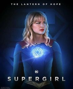 the poster for supergirl is shown in blue