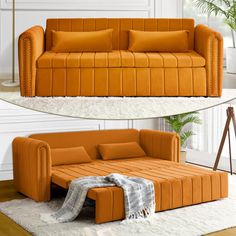 an orange couch and ottoman in a living room with white rugs on the floor