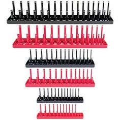 the red and black rack holds many different types of screwdrives on white background