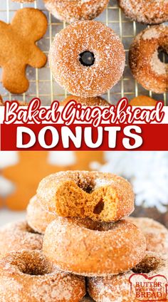 baked gingerbread doughnuts stacked on top of each other with the words baked gingerbread donuts above them