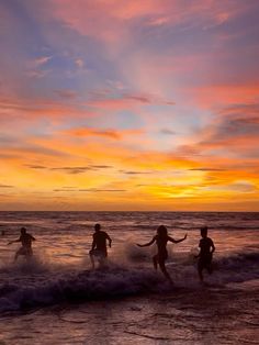 four people running into the ocean at sunset