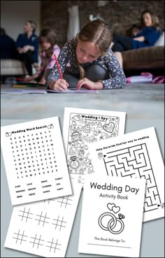 the wedding day activity book is shown with two children and an adult looking at it