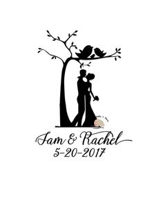 the silhouette of a couple under a tree with their wedding date on it, in black and white