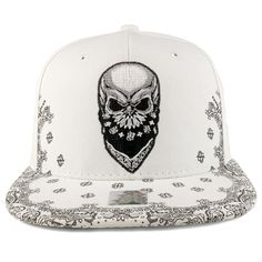 PRICES MAY VARY. Skull bandana is embroidered on the front 6 paneled, high profile and structured hat Stiff and flat paisley print bill, same print under bill Adjustable plastic snap closure, small skull bandana is embroidered on the back One Size Fits Most Our durable and stylish Skull Bandana Embroidered Snapback With Paisley Print Flatbill Cap is a perfect hat for those who love paisley print. This flat bill snapback hat features high quality skull embroidered design. Made of 100% Cotton. Sti Adjustable Snapback Baseball Cap With Skull Print, Casual Skull Print Snapback Baseball Cap, Casual Snapback Baseball Cap With Skull Print, Embroidered White Trucker Hat With Flat Bill, Streetwear Snapback Hat With Skull Print, Skull Print Snapback Hat For Streetwear, White Embroidered Baseball Cap For Streetwear, Embroidered White Baseball Cap For Streetwear, White Embroidered Baseball Cap With Flat Brim