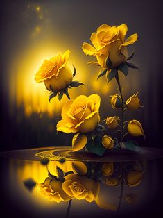 three yellow roses sitting on top of a table next to each other in front of a mirror