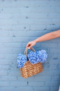 a person is holding a basket with blue flowers in it and the wall behind them