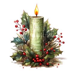 a lit candle surrounded by holly and red berries on a white background with watercolor painting effect