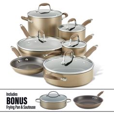 an assortment of pots and pans are shown with the words, includes bonus frying pan & saltinee