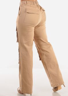 Khaki Color
Belt loops. Back elastic waistband. Denim. 
Straight. Zip up 1 button closure . Functional front pockets, 2 functional back pockets.  Stretchy Material made from 89% Cotton, 6% Polyester, 5% Spandex Machine wash cold; Tumble dry low Rise approx 11''. Inseam is 31''. Leg opening is 18". High Waist.   Imported
Measured from and model wearing size 5 
 SKU: 10891H_CD171KHK Mid-rise Beige Cargo Jeans With Side Pockets, Beige Cargo Jeans With Side Pockets, Fall Beige Cargo Jeans With Side Pockets, High Waist Beige Cargo Jeans With Pockets, Beige Cargo Jeans With Pockets For Work, Casual Cargo Jeans With Belt Loops For Work, Beige High Waist Utility Cargo Jeans, Beige Utility Cargo Jeans With Pockets, Casual Beige Cargo Jeans For Work