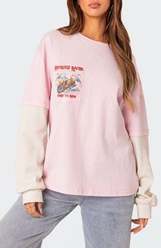 Fiery racing graphics blast across the front and back of this oversized cotton T-shirt flanked by waffle-knit long sleeves. Crewneck Long sleeves with ribbed cuffs 100% cotton Machine wash, dry flat Imported Oversized Pink Graphic Print T-shirt, Oversized Pink T-shirt For Streetwear, Pink Long Sleeve T-shirt With Text Print, Pink Long Sleeve T-shirt With Graphic Print, Pink Crew Neck Top For Streetwear, Pink Long Sleeve T-shirt With Text, Pink Screen Print Tops For Streetwear, Oversized Pink Top With Text Print, Pink Oversized Long Sleeve T-shirt