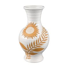 a white vase with an orange and yellow design on the front, sitting against a white background