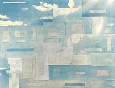 an abstract painting with squares and clouds in the sky