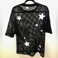 Perfect For Halloween/Festivals/Shows. Never Worn! Stars Are Holographic So Really Stand Out With Flash And Light. Star Shirt Aesthetic, Flash Light, Star Top, Halloween Festival, Star Shirt, Jersey Top, Black Mesh, Flash, Womens Tops