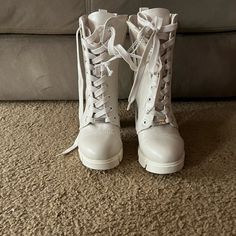 Brand New Nine West Ankle Boots. Lace Up Front Detail With Zippers On Side. Spring High-top Lace-up Boots, White High Ankle Platform Boots For Spring, Trendy White Closed Toe Platform Boots, Casual White High-top Booties, White Round Toe Combat Boots For Fall, Synthetic Ankle-high Lace-up Boots For Spring, White High Ankle Combat Boots For Spring, White High Heel Wedge Boots For Spring, High Ankle White Combat Boots For Spring