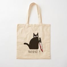 100% cotton reusable shopping carry bag with digital print on one side. Cute but slightly crazy black cat so innocently wielding a bloody knife, saying "WHAT?" Funny design for just about any crazy cat lady or cat person. Great to give as a gift or just for yourself. Tut Bag Design, Tote Bag Cat Design, Cat Tote Bag Design, Bag Painting Design, Tut Bag, Bag Print Design, Black Cat Funny, Black Cat Cute