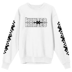 Embrace the adventurous spirit of Hunter x Hunter with this adult white crew neck long sleeve sweatshirt. The front showcases the iconic Hunter x Hunter logo, while the back features a dynamic illustration of Gon and Killua in action. Black patterns on the sleeves add a touch of unique flair. Made from a comfortable blend of 50% cotton and 50% polyester, this sweatshirt is perfect for fans looking to stay cozy and stylish. Machine wash it on cold with like colors and tumble dry on low heat for e White Logo Print Sweater For Winter, White Sweater With Logo Print For Winter, Winter White Logo Print Sweater, Winter White Sweater With Logo Print, Winter Graphic Design Long Sleeve Sweatshirt, White Winter T-shirt With Logo Print, White Crew Hoodie With Logo Print, White Logo Print Sweatshirt For Streetwear, White Crew Neck Sweater With Graphic Print