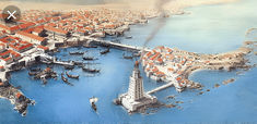 an aerial view of a city with many boats in the water and buildings around it