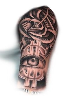 a man's arm with an eye and dollar sign tattooed on the upper half