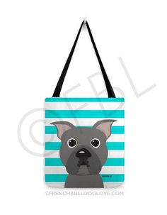 a blue and white striped tote bag with a dog's face on it