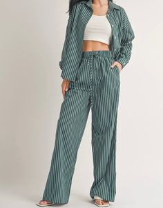 STRIPED POPLIN LONG SLEEVE BUTTON DOWN WITH WIDE LEG PANTS SET ELASTIC WAISTBAND SIDE POCKETS POPLIN FABRIC Poplin Fabric, Two Piece Sets, Clothes Gift, Leg Pants, Wide Leg Pants, Pants Set, Wide Leg, Two Piece, Elastic