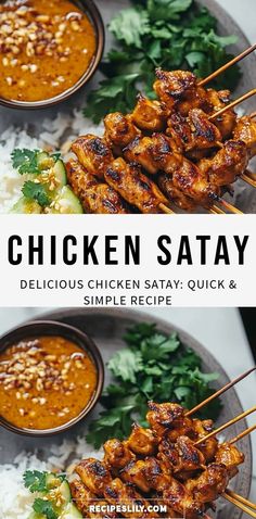 chicken satay is served with rice and cilantro