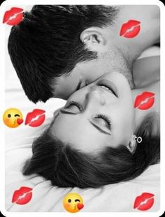 a man and woman laying in bed with red lipstick on their lips, surrounded by smiley faces