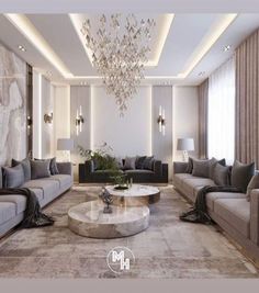 a living room filled with lots of furniture and a chandelier hanging from the ceiling