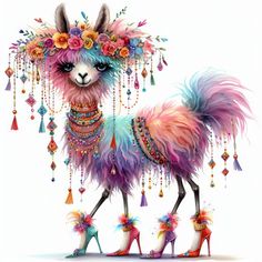 a colorful llama with flowers on it's head and some tassels around its neck