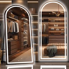 an image of a closet with mirrors and lights on it's sides, in front of a bed