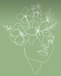 a drawing of a woman's face with flowers in her hair on a green background