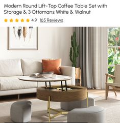 the modern round coffee table set with storage and ottomans white & walnut is on sale