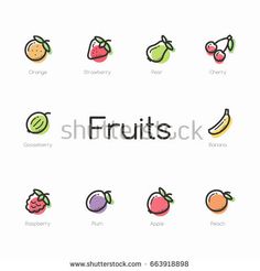 the fruit icon set includes different fruits, including oranges, strawberries, apples, grapes, and more