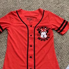 Disney Jersey Style Shirt, Red With Black Trim And Print, Size Medium, Minnie Mouse, Never Worn Red Minnie Mouse Short Sleeve Top, Red Short Sleeve Top With Minnie Mouse, Casual Tops For Disney Fan Events With Minnie Mouse, Red Minnie Mouse Tops For Disney Fan Events, Red Minnie Mouse Top For Disney Fan Events, Red Disney Short Sleeve Tops, Fitted Red Top With Character Print, Fitted Red Tops With Character Print, Fun Red Minnie Mouse Top