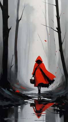 a painting of a person walking in the rain with a red cape over their head