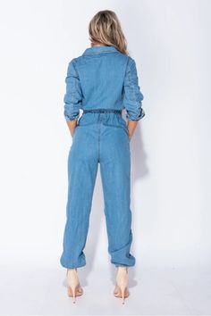 Cool fashion style suits in any casual occasion. It features Long Sleeve, Full Length, Solid Jean Blue, Lapel, Sexy Front Zip Jacket Jumpsuit with Elasticated Waist and Pockets. Slim Fit denim jumpsuit. Even on those days when you don’t want to think much of what to wear, these denim jumpsuits for women will be your mu Spring Denim Overalls In Solid Color, Spring Denim Overalls, Casual Denim Overall Jumpsuit For Work, Casual Denim Blue Jumpsuits And Rompers For Work, Non-stretch Denim Jumpsuit For Workwear, Trendy Denim Jumpsuit For Work, Trendy Denim Jumpsuits For Workwear, Casual Denim Blue Jumpsuit For Work, Trendy Denim Workwear Jumpsuit