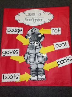 a firefighter themed bulletin board with arrows pointing to the words, labels and boots