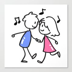 a drawing of two people holding hands with musical notes in the background