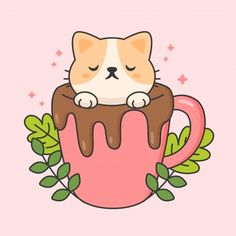 a cat is sitting in a cup with chocolate and leaves on the rim, surrounded by greenery