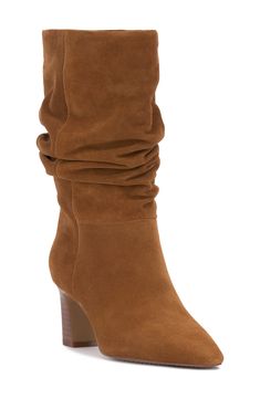 A slouchy shaft amplifies the modern appeal of a versatile boot balanced by a slender toe and block heel. 2 1/2" heel 9 1/2" shaft; 14" calf circumference Pull-on style Leather upper/synthetic lining/rubber sole Imported Wide Calf Suede Mid-calf Boots With Stacked Heel, Fall Boots With Reinforced Heel And High Shaft, Fall Heeled Boots With Stacked Heel And High Shaft, Fall High Shaft Heeled Boots With Stacked Heel, Fall Stacked Heel High Shaft Heeled Boots, Wide Calf Mid-calf Boots With Sculpted Heel For Fall, Fall Wide Calf Mid-calf Boots With Sculpted Heel, Classic Mid-calf Boots With Stacked Heel For Fall, Fitted Suede Mid-calf Boots With Stacked Heel