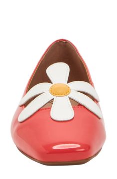 A whimsical daisy appliqué enriches the instep of a glossy flat fashioned with a square toe for contemporary appeal. Synthetic upper/synthetic and textile lining/synthetic sole Imported Apple Mint, Radiant Red, Fuchsia Pink, Katy Perry, Fashion Flats, Womens Flats, Daisy, Nordstrom, Square