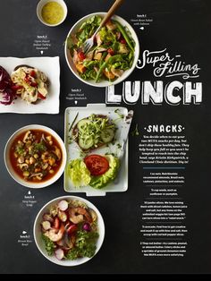 the menu for super filling lunch includes salads, soups and sides with dressing