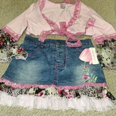 Loc03 - New With Tags Girls 2 Piece Jean Skirt And Wrap Set. Fitted Spring Sets For School, Fitted Sets For School Spring Season, Spring School Fitted Sets, Cute School Sets For Spring, Cute Spring School Sets, Jean Skirt, Matching Sets, 2 Piece, Pink Blue