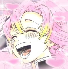 an anime character with pink hair and white eyes is making a funny face while smiling