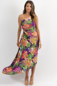 One-shoulder Ruched Maxi Dress For Beach, Fitted Midi Beach Dress, Fitted Beachwear Midi Dress, Beachwear Maxi Dress With Ruched Details, Multicolor Ruched Midi Dress, Fitted Floral Print Midi Beachwear Dress, Fitted Pleated Maxi Dress For Vacation, Multicolor Ruched Midi Dress For Garden Party, Summer Fitted Pleated Midi Dress