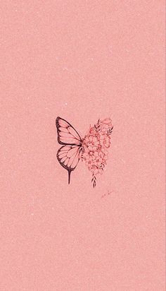 a drawing of a butterfly on a flower in the middle of a pink sky background